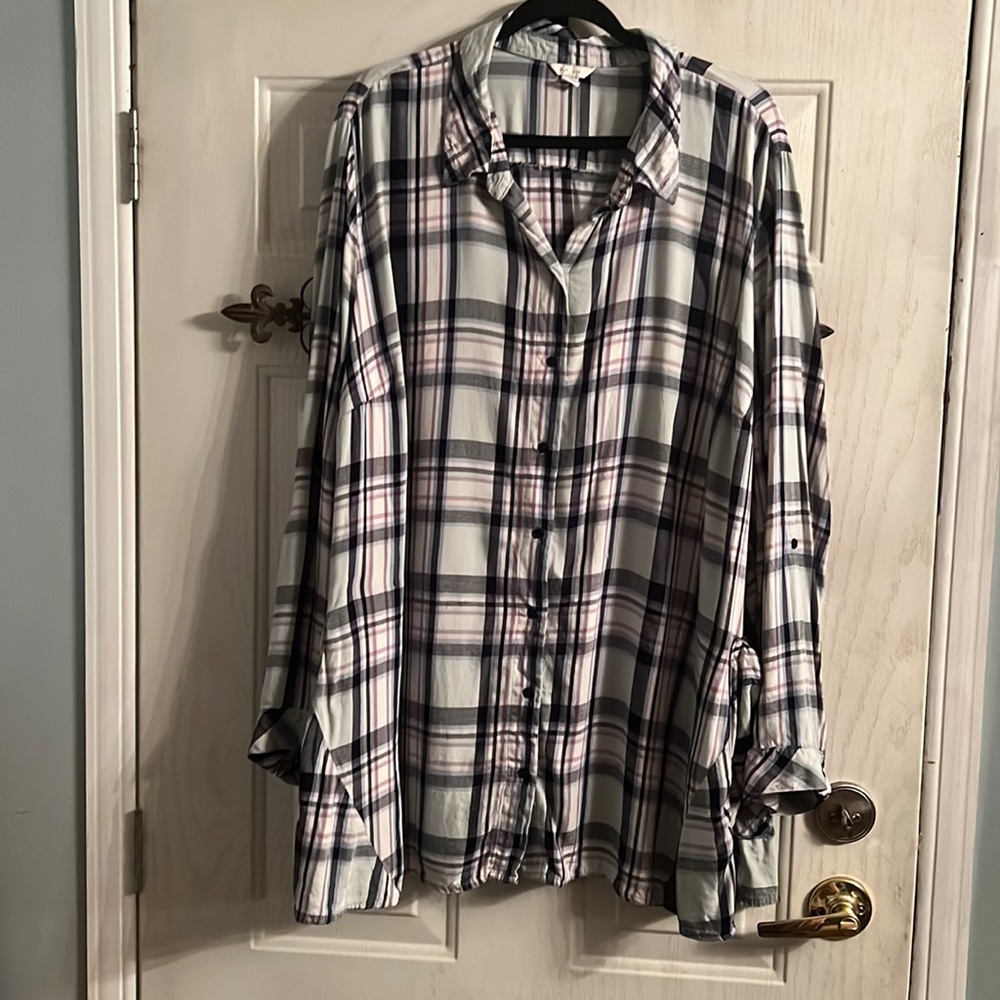 Cato 26/28 light blue navy purple thine plaid button down